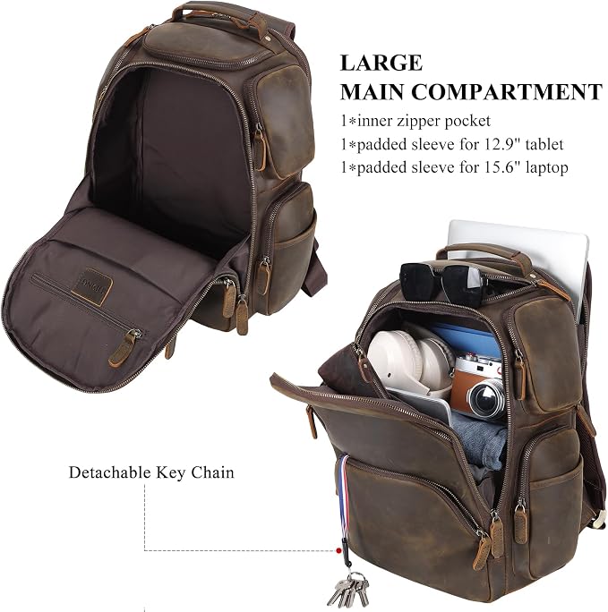 TIDING Vintage Full Grain Leather 16 Inch Laptop Backpack - Image 4