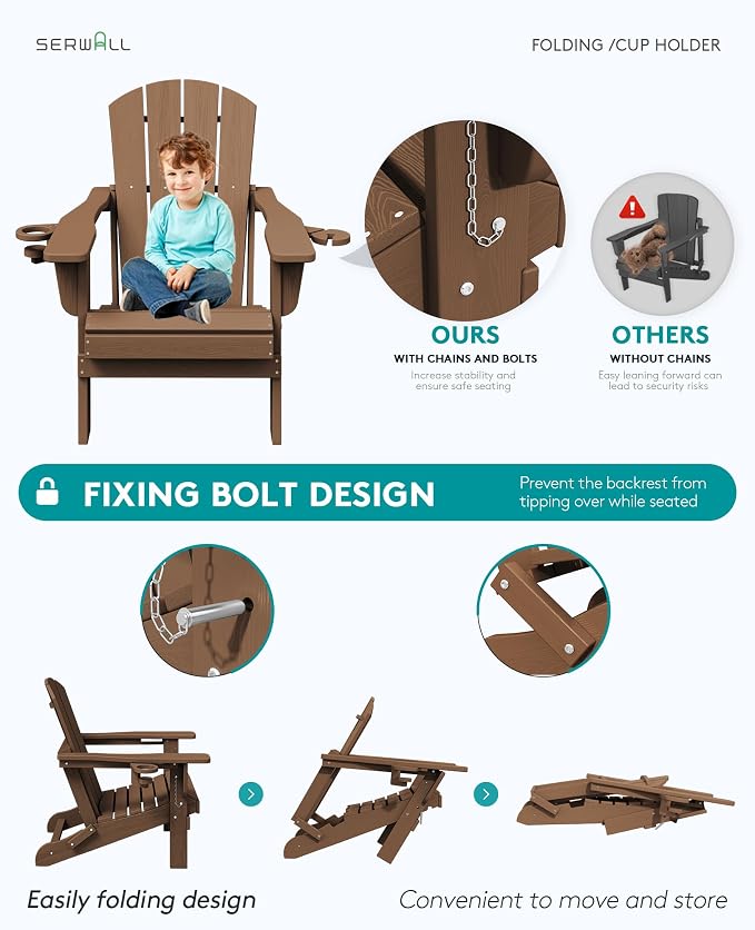 SERWALL Folding Adirondack Chair, Dual Cup Holders & All-Weather HDPE, - Image 11