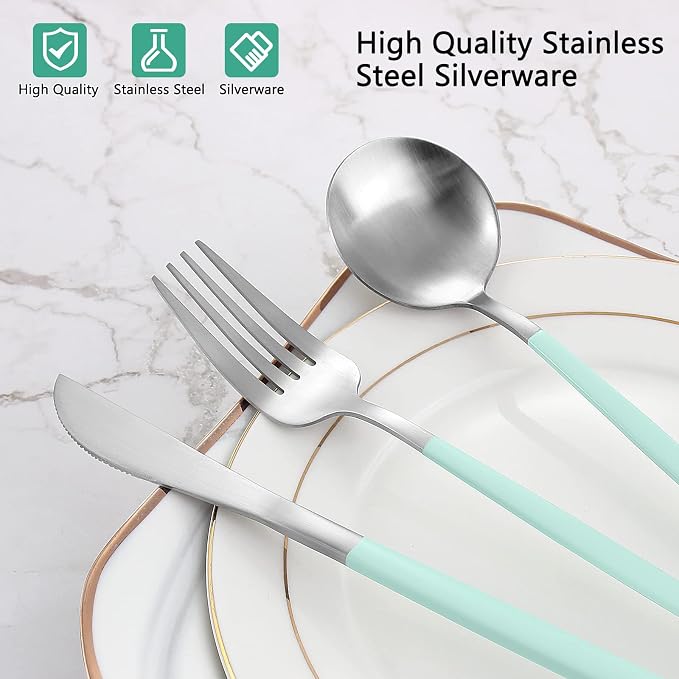 Matte Green Silver Silverware Set, 20-Piece Stainless Steel Flatware Set - Image 4