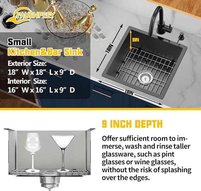 Small Black Kitchen Sink, 18x18 Inch Stainless Steel Undermount Drop In - Image 3