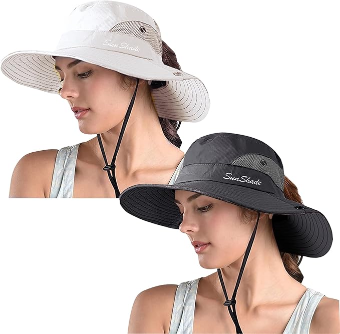 ZOORON Women's Ponytail Safari Sun Hat, Wide Brim UV Protection Outdoor Bucket by ZOORON