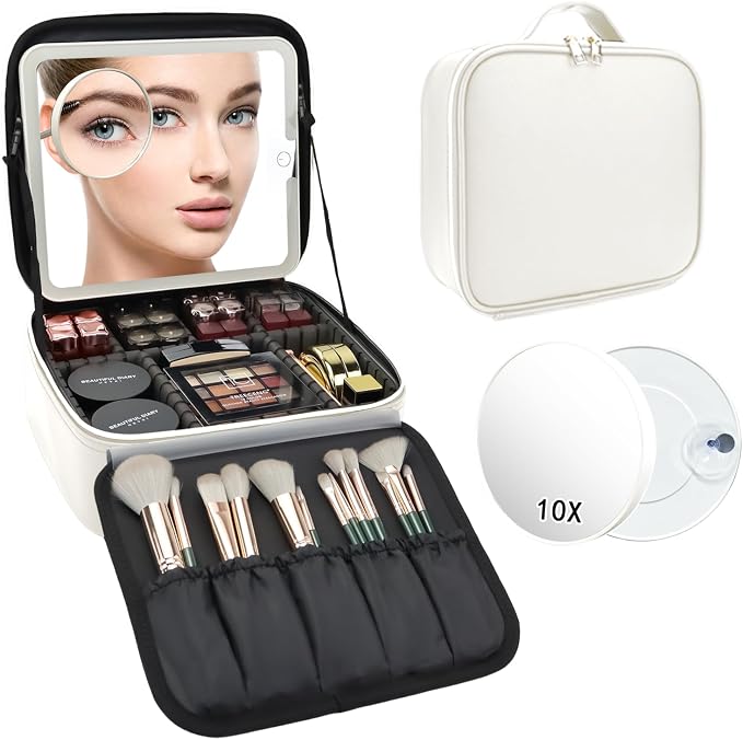 Travel Makeup Bag with LED Mirror and 10x magnifying glass with 3 Lighted - Image 9