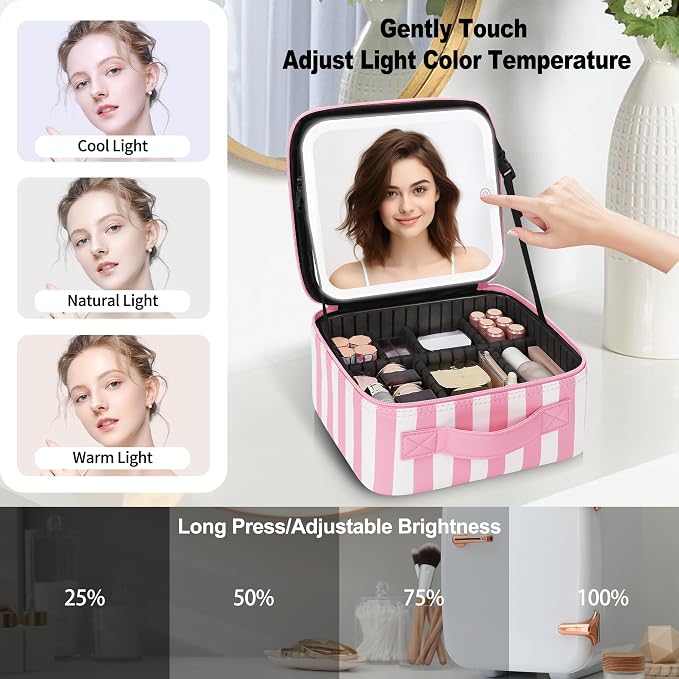 Makeup Bag With LED Mirror, Travel Makeup Case with Light up Mirror Large - Image 2