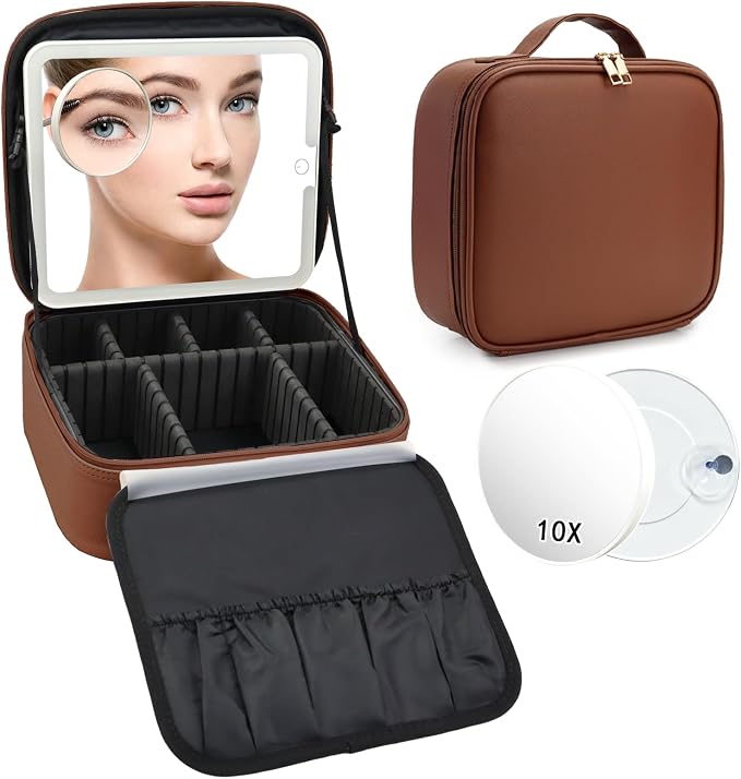 Travel Makeup Bag with LED Mirror and 10x magnifying glass with 3 Lighted by Unknown