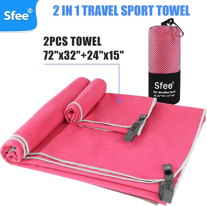Sfee 2 Pack Microfiber Travel Towel, Quick Dry Towel Camping Towel Large Beach - Image 3