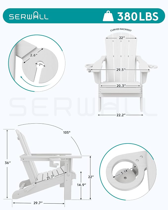 SERWALL Folding Adirondack Chair, Dual Cup Holders & All-Weather HDPE, - Image 3
