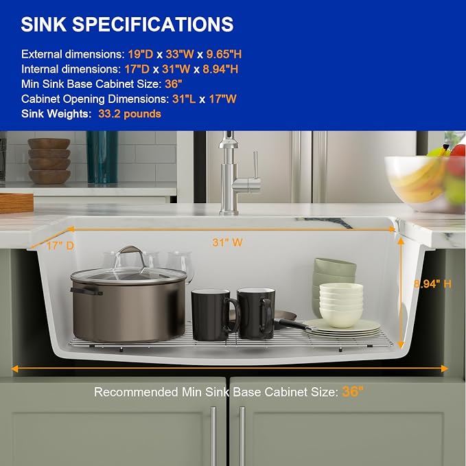 Dcolora 33" Quartz Granite Composite White Kitchen Sink Undermount Sink Deep - Image 6