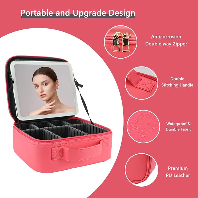 Makeup Bag with Led Mirror, Travel Makeup Organizer with 3 Color Setting - Image 4