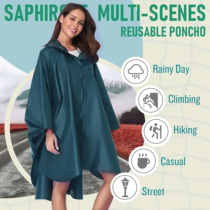 SaphiRose Unisex Rain Poncho Raincoat Hooded - Image 2