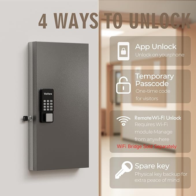 WeHere 48 Key Lock Box Wall Mount, APP Bluetooth/OTP/Wi-Fi/Fixed Code/Key Unlock - Image 4