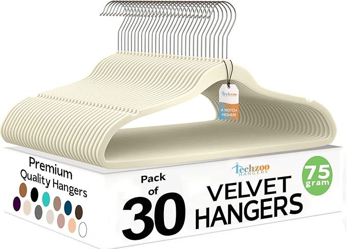 Premium Ivory Velvet Hangers 30 Pack – Space Saving Felt Hanger, Non Slip by TECHZOO