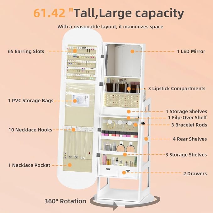 RQZ 8 LEDs Jewelry Cabinet Armoire Standing, 360° Swivel Jewelry Organizer - Image 4