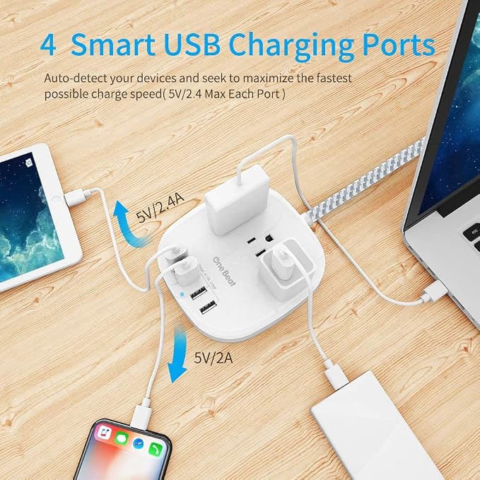 Desktop Power Strip with 3 Outlet 4 USB Ports 4.5A, Flat Plug and 10 ft Long - Image 2