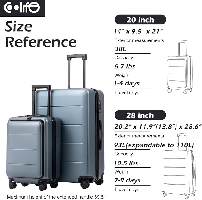 COOLIFE Luggage Suitcase Piece Carry On ABS+PC Spinner Trolley - Image 7