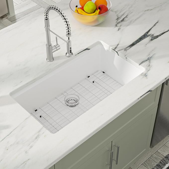 Dcolora 32-Inch Granite Composite White Kitchen Sink, Single Bowl Undermount - Image 3