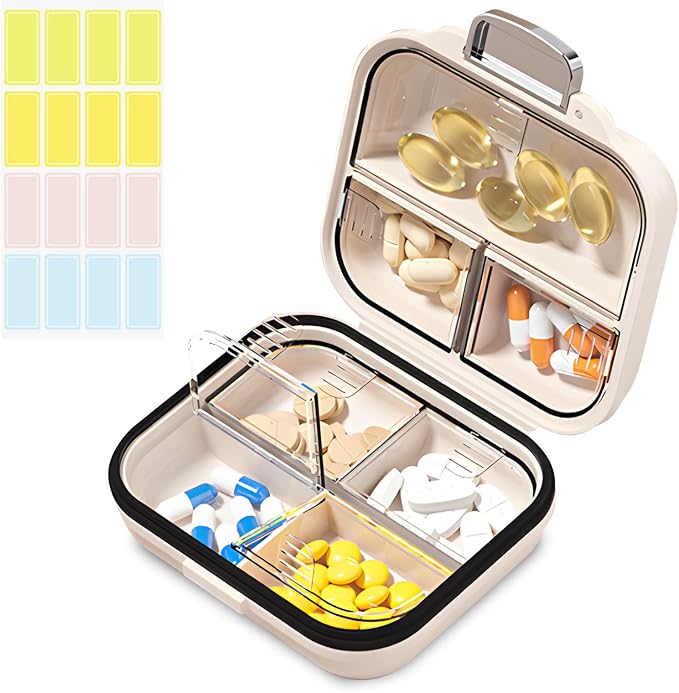 Travel Pill Organizer Box with Labels, 7 Compartments Portable Mini Pill Case by Goffing