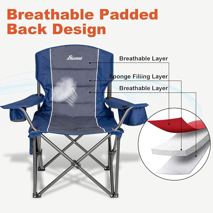 Romswi Oversized Camping Chairs, Heavy Duty Support 500 LBS, Padded Back & Arm - Image 3