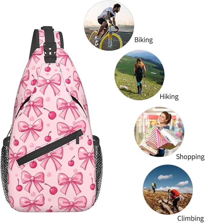 SUPLUCHOM Sling Bag Pink Bows Cherry Hiking Daypack Crossbody Shoulder Backpack - Image 6