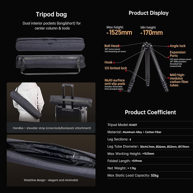FALCAM TreeRoot Carbon Fiber Medium Tripod, 4-Section Legs, 50kg Vertical Load - Image 9