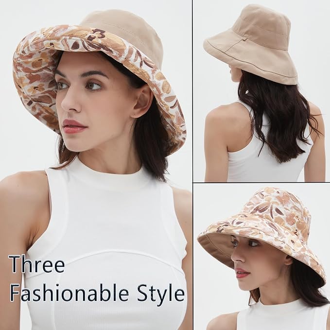 vidsel Womens Sun Hats Wide Brim Reversible Bucket Cotton Hat Packable Summer - Image 5