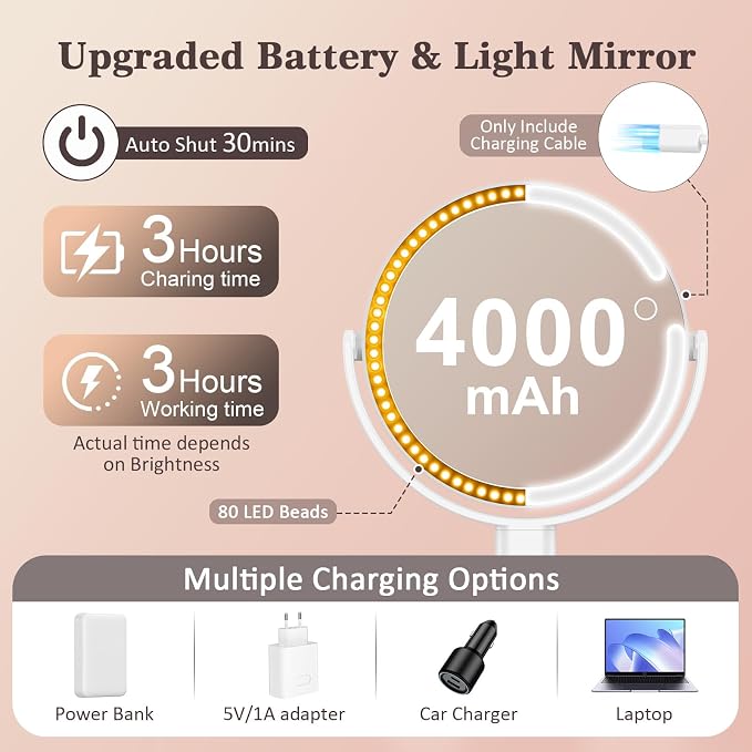 15X/1X Lighted Magnifying Mirror, 4000mAh Rechargeable Makeup Mirror - Image 4