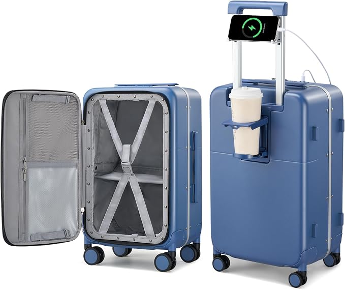Hanke 24 Inch Luggage with Cup Holder and Charge, Top Opening Hard Shell by Hanke