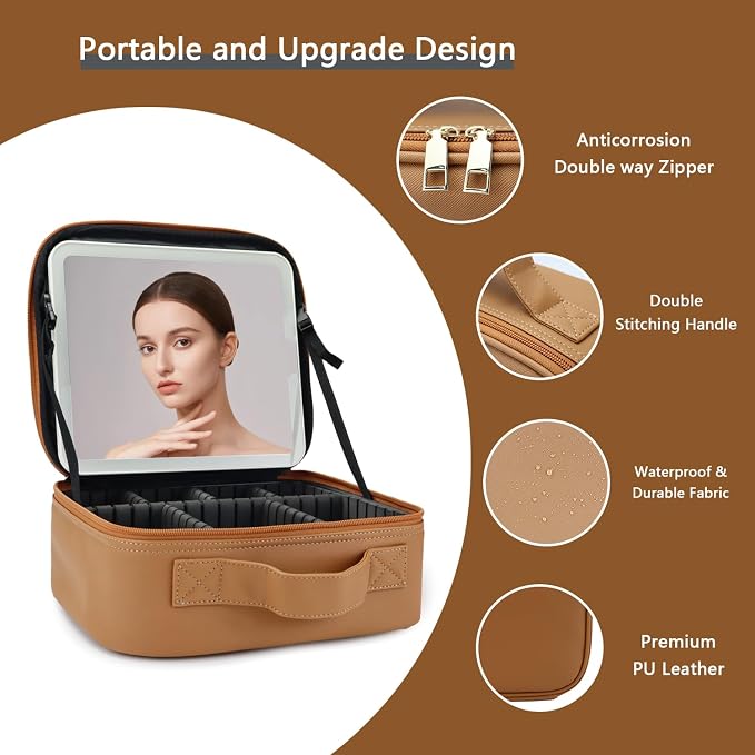 Makeup Bag with Led Mirror, Travel Makeup Organizer with 3 Color Setting - Image 4