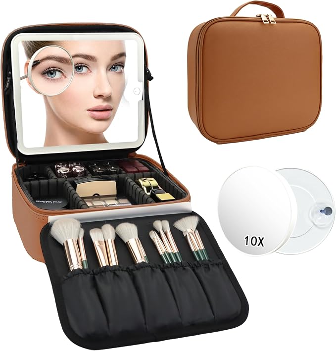 Travel Makeup Bag with LED Mirror and 10x magnifying glass with 3 Lighted - Image 9