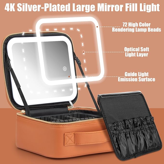 Makeup Travel Train Case with Mirror LED Light 3 Adjustable Brightness Large - Image 3