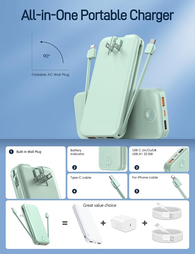 Portable Charger with Built in Cable and AC Wall Plug, USB C Power Bank - Image 2