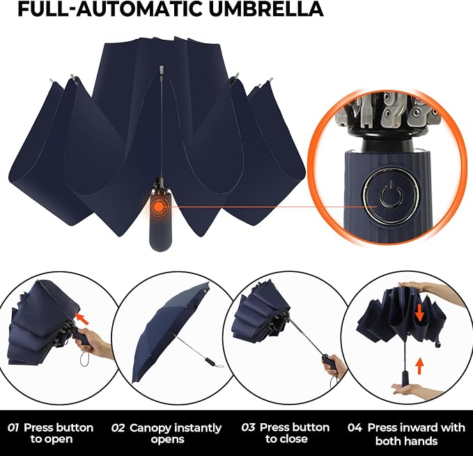 Compact Inverted Travel Umbrella, Automatic Open Close, 9-Rib 46 Inch Windproof - Image 5