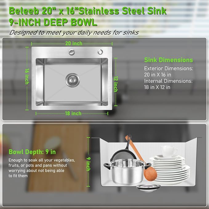Drop In Kitchen Sink 20x16", 18 Gauge Stainless Steel Sink, 3D Embossed Surface - Image 5