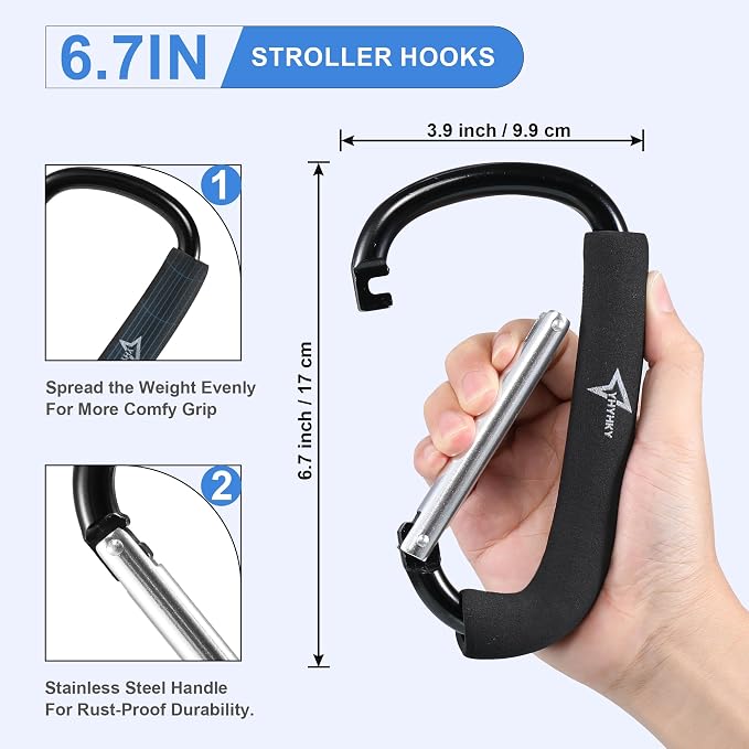Stroller Hooks 2 Pack, 6.3" Large Mommy Hook Carabiner Clip - Image 3