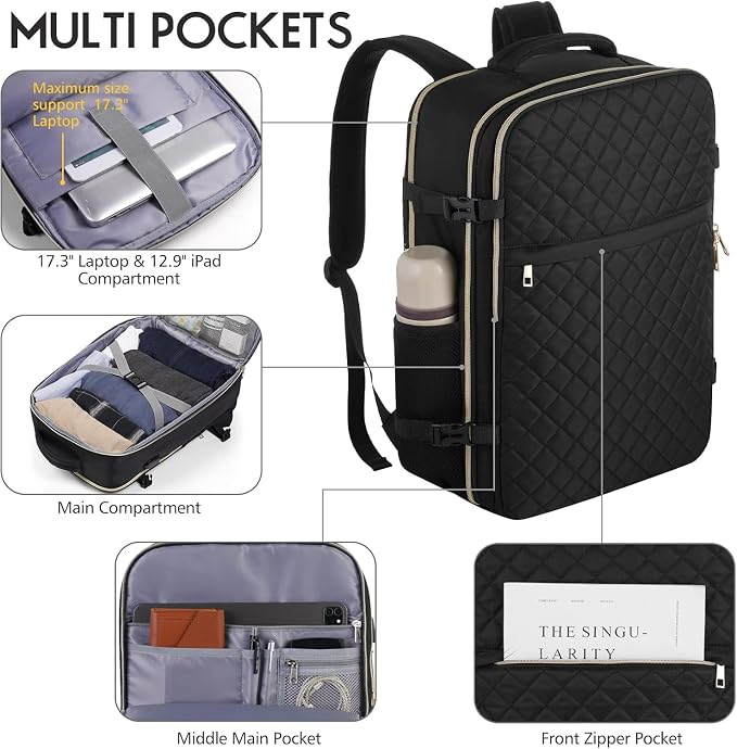 MOMUVO Large Travel Backpack Women, Flight Approved Carry On Backpack, Water - Image 3