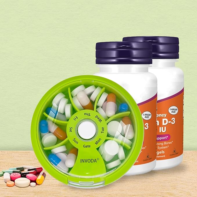INVODA Weekly Pill Organizer 7 Compartment Rotating Pill Box - Image 7