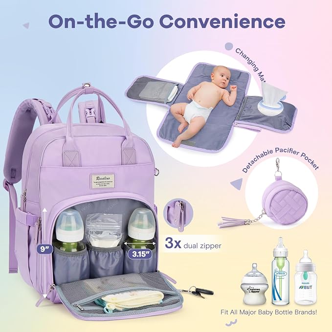 RUVALINO Diaper Bag Backpack, Large Capacity, Waterproof, Light Purple - Image 3