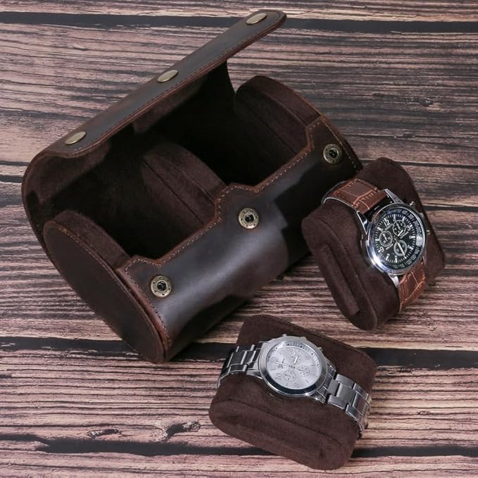 Genuine Leather Watch Roll Travel Case, 2 Slots Vintage Full Grain Leather - Image 6