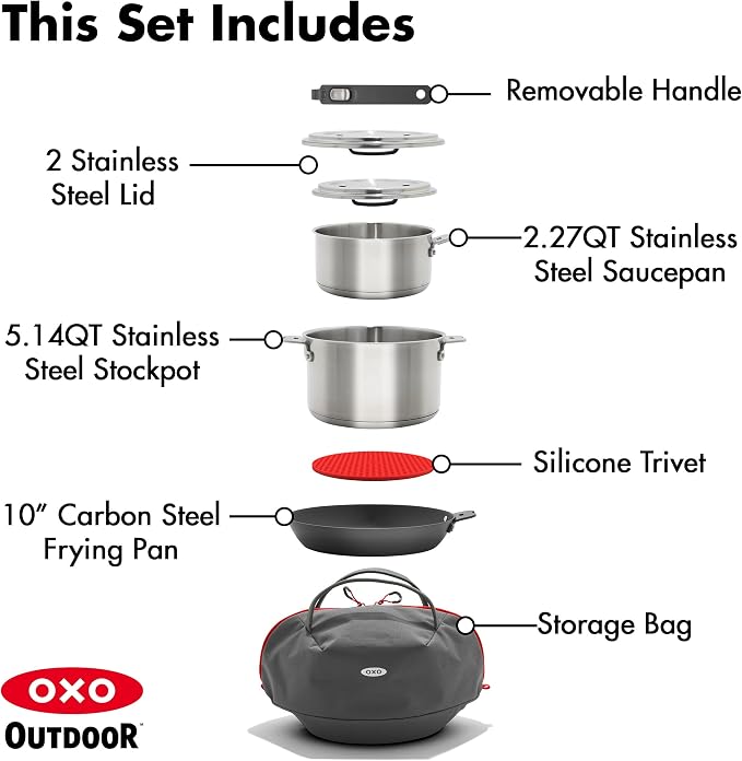 OXO Outdoor 8 Piece Camping Cookware Set, 2.25QT and 5QT Stainless Steel - Image 3