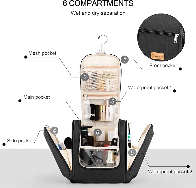 Travel Hanging Toiletry Bag for Women and Men, 6 Organizer Compartments - Image 3