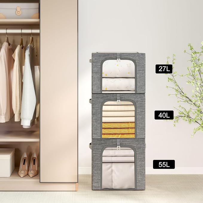 GoMaihe Clothes Storage Bins Metal Frame: 3-Pack Compact Stackable Closet - Image 8