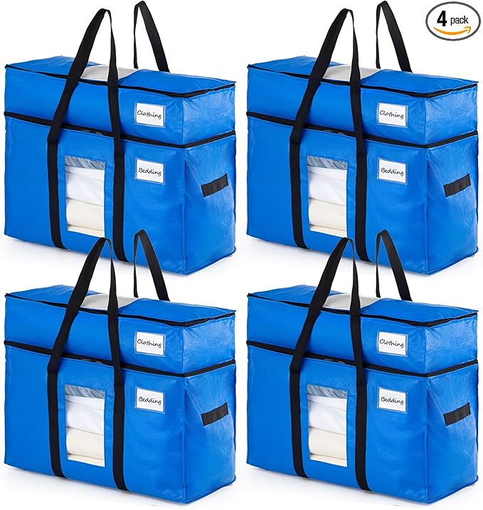 TAILI 2 Tier Extra Large Moving Bags, 4 Pack Blue Heavy Duty Totes by TAILI