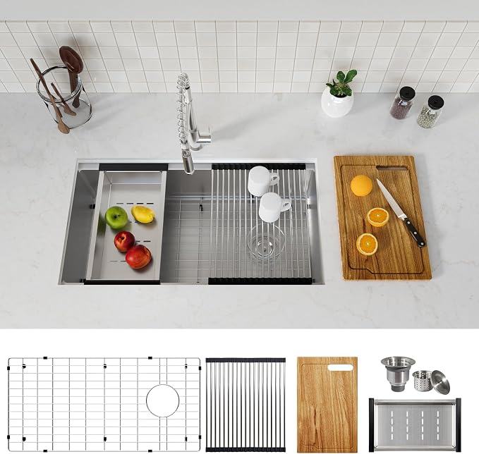 32 Inch Workstation Kitchen Sink, TECASA Undermount Deep Single Bowl, Stainless by TECASA