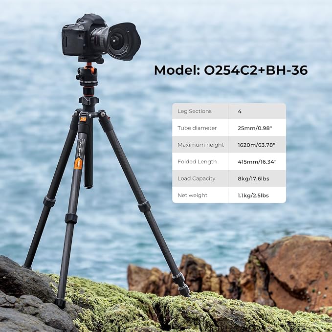K&F Concept 64" Carbon Fiber Camera Tripod, Lightweight Travel Tripod - Image 2