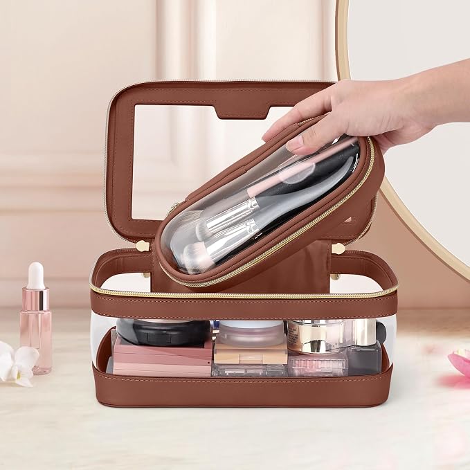 Travel Clear Makeup Bag with Makeup Brush Bag, Leather Makeup Case Toiletry Bag - Image 7