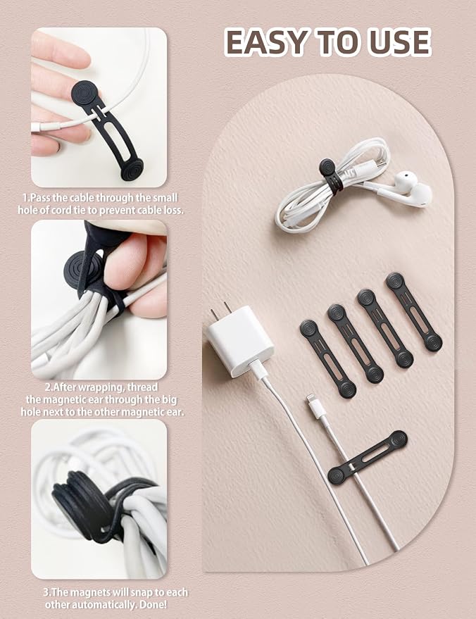 Kanemc Magnetic Ties For Cords, Cord Wrap Silicone Zip Ties Twist Ties Magnet - Image 5