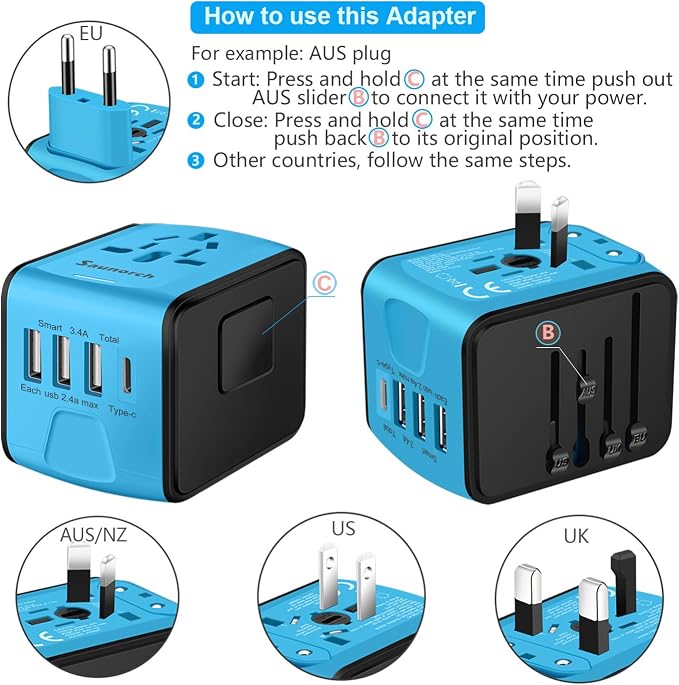 Travel Adapter Worldwide, Universal International Power Plug Adapter W/2.4A - Image 5