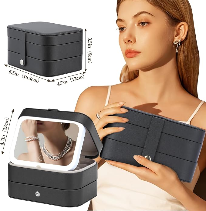 Travel Jewelry Case with LED Lighted Mirror, Portable Travel Jewelry Organizer - Image 5