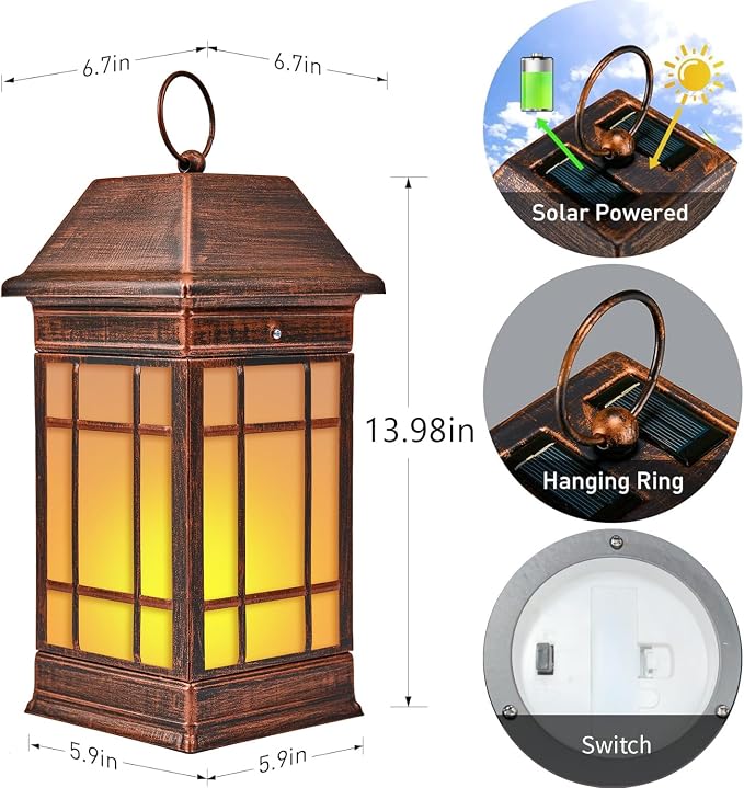 14" Solar Lantern Outdoor Waterproof, Glass Flickering Flame Solar Lanterns - Image 4