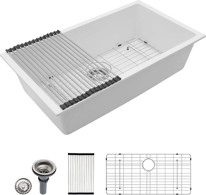 Dcolora 33" Quartz Granite Composite White Kitchen Sink Undermount Sink Deep by Dcolora