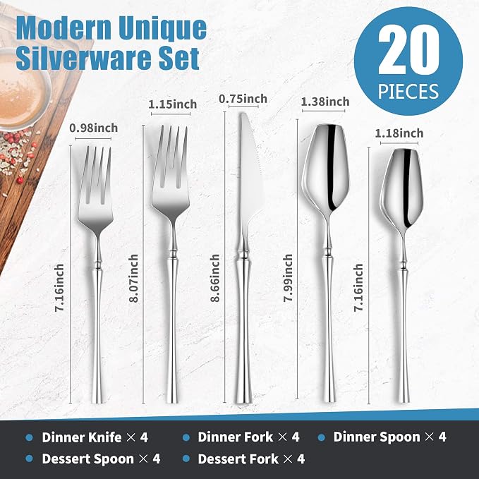 20-Piece Silverware Set for 4, Modern 18/10 Stainless Steel Flatware Set - Image 2